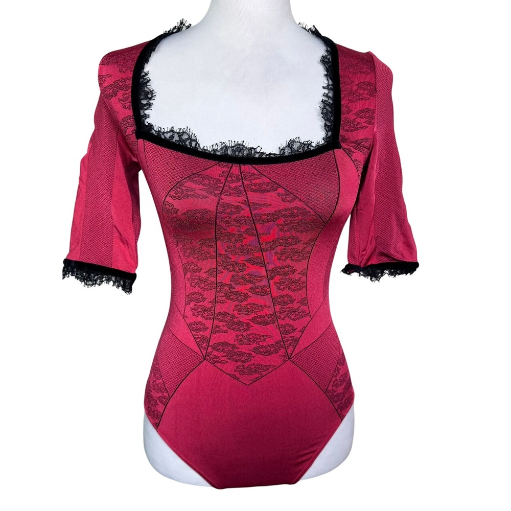 WOLFORD Women's Small Red Black Floral Lace Mesh Square Neck Gothic Bodysuit